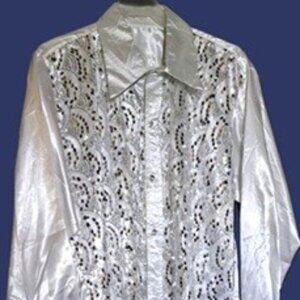 Mens White Satin Silver Sequin Disco Shirt L
